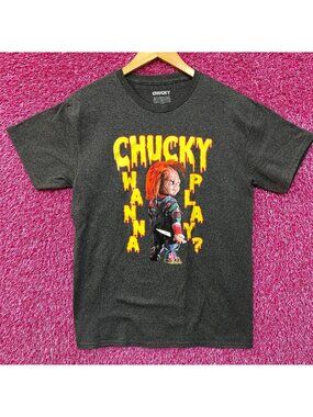 Chucky Wanna Play Graphic Design Gray T-Shirt Medium